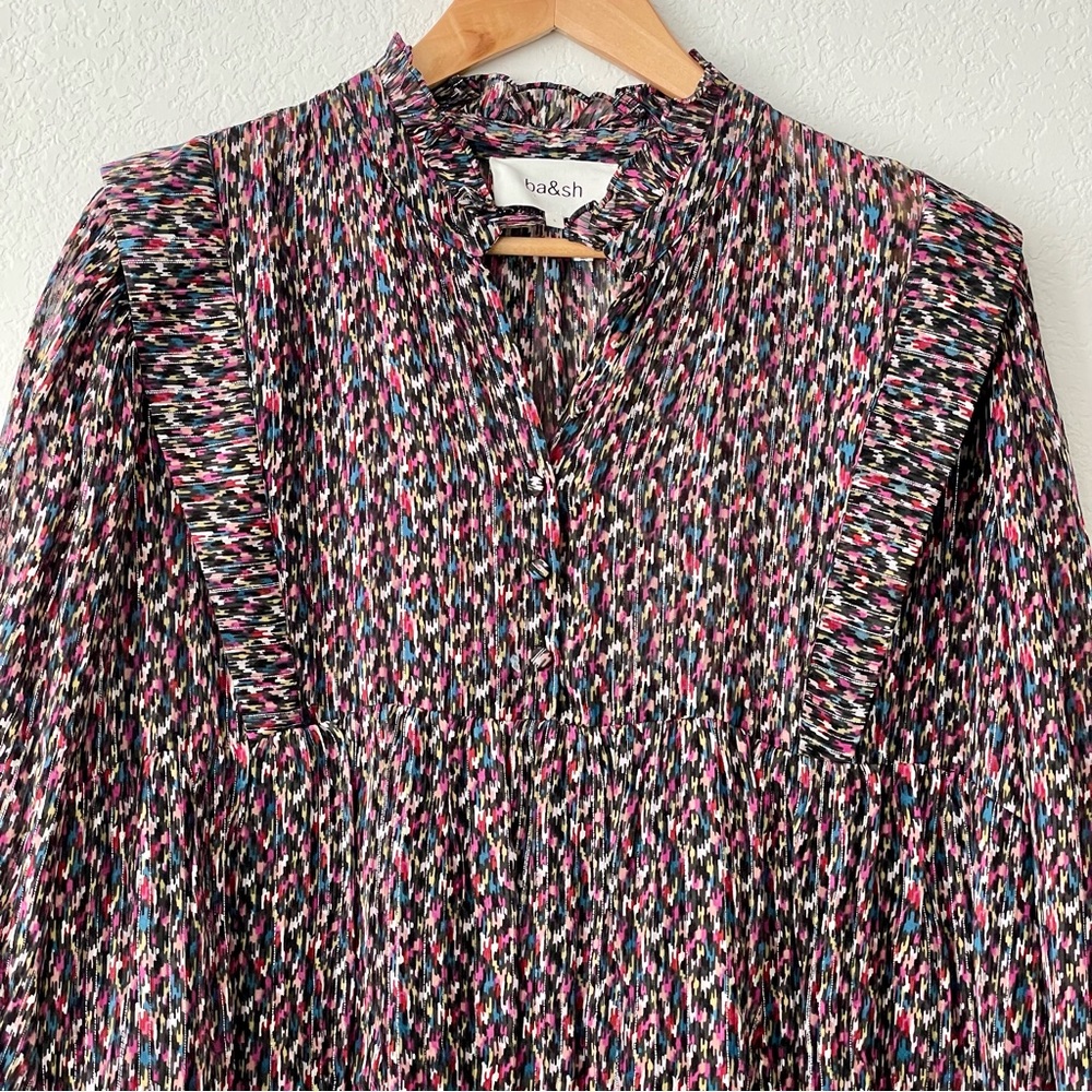 Ba&sh Dress Robe Deep Abstract Print Silk Metallic Blouson Sleeve Tuckernuck - Picture 5 of 11